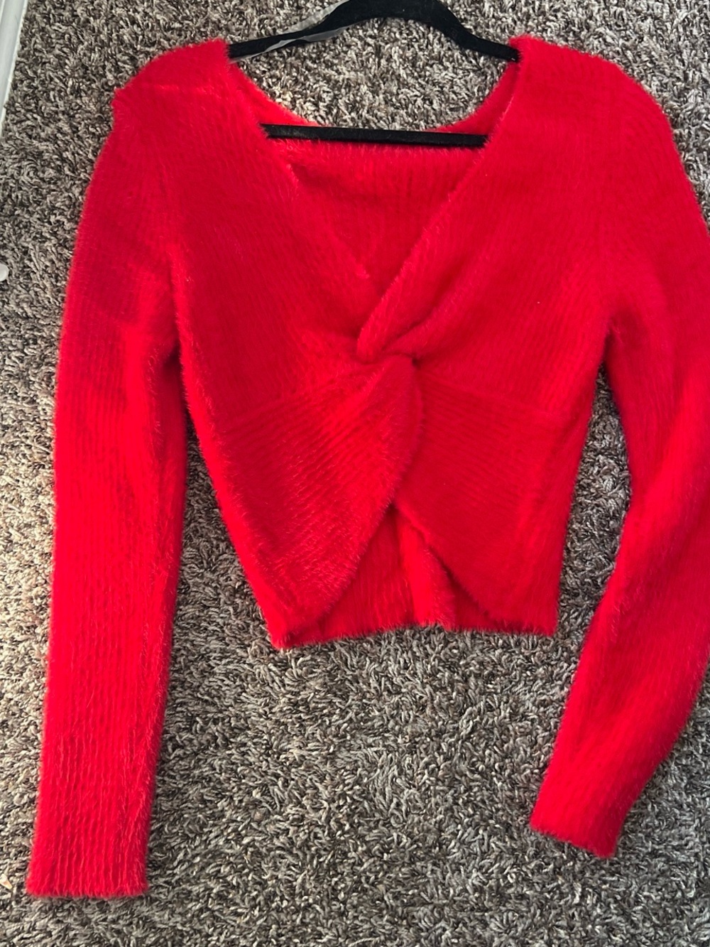 Red Fuzzy Twist-Front Crop Sweater
